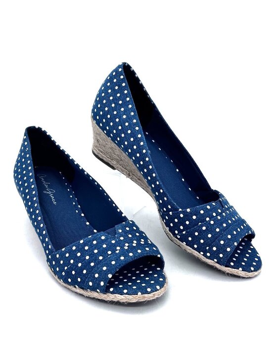 Amelia Grace Shoes - Amelia Grace Blue Polka Dot Open-Toe Wedge Shoes Braid Rope Detail Womens 9.5